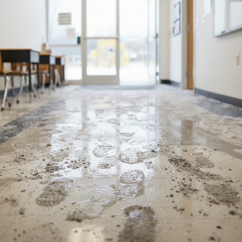 A close-up of a commercial school hallway floor featuring wet, muddy footprints and salt residue tracked in from a winter snowstorm. The image shows moisture and slush on a tiled surface near an entryway, highlighting common winter cleaning challenges for high-traffic facilities.