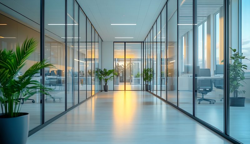 Modern office space with light walls and floor and glass partitions : Generative AI