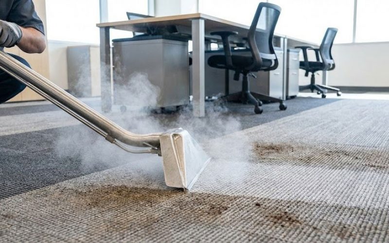 Professional commercial carpet cleaning and steam extraction equipment removing stains from office flooring